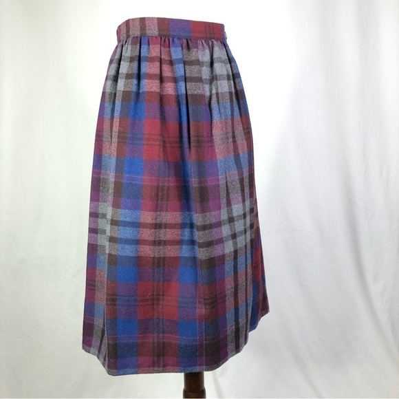 Vintage Dresses & Skirts - VINTAGE D. K. Gold wool blend plaid midi skirt blue maroon grey made in USA